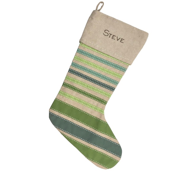 WEST ELM Linen Christmas Stocking Green Grosgrain Ribbon ~ “Steve” Monogram - Picture 11 of 11